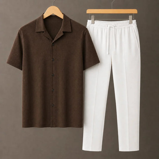 Brown Knit Button Down Camp Collar Shirt With White Drawstring Trouser
