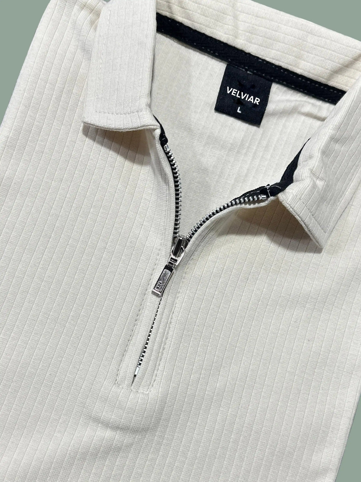 Ribbed Knit Half-Zip Polo Shirt White