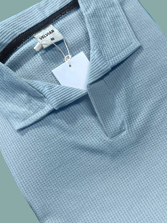 Knit Sky Blue Polo Shirt & Black Drawstring Trouser