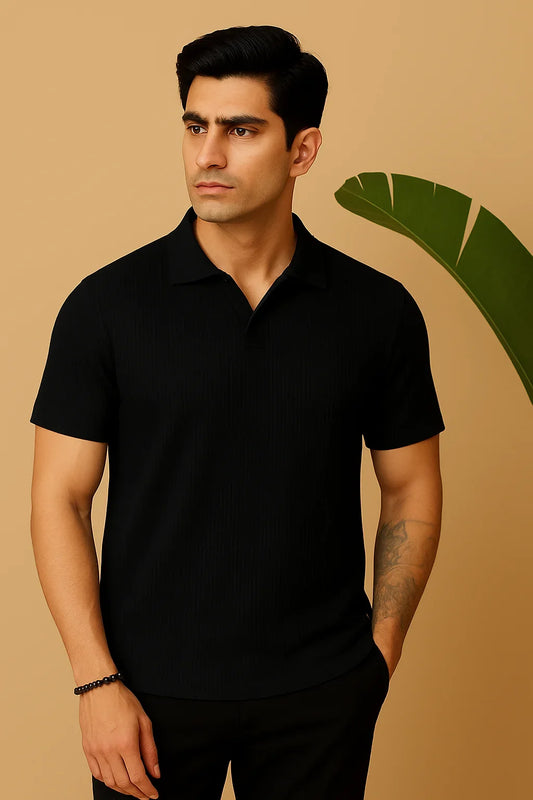 Manfinity RelaxMax Solid Waffle Knit Polo Shirt Black
