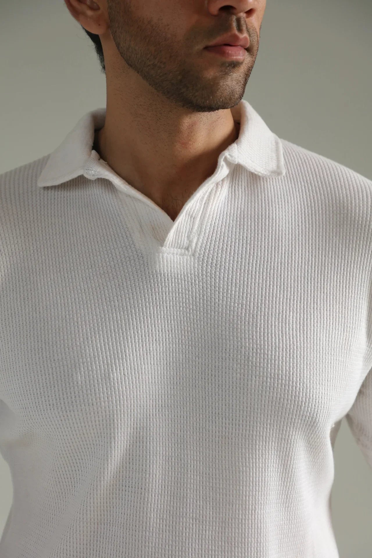 Knit White Polo Shirt & Black Drawstring Trouser