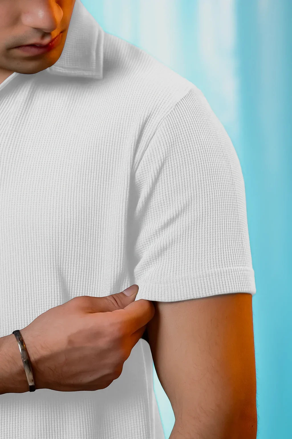Knit White Polo Shirt & Black Drawstring Trouser
